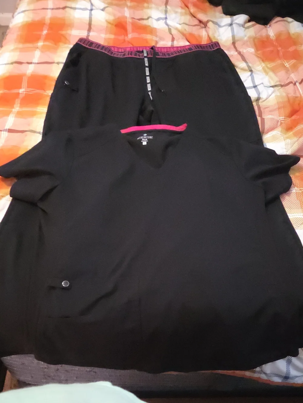 Black V-Neck Women's Top with Pink Trim  And Matching Scrub Bottoms Set